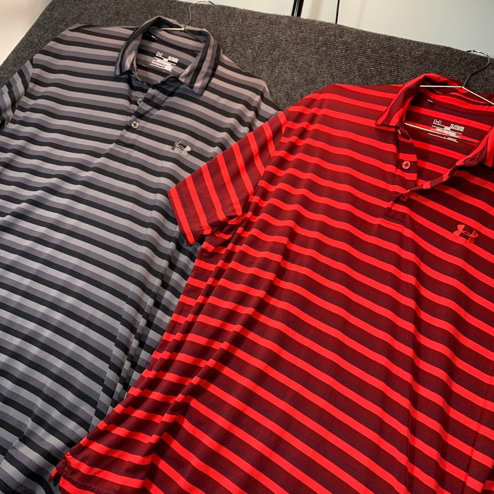 2- Under Armour Polo Shirt Mens XL Red Grey Striped HeatGear Golf Performance